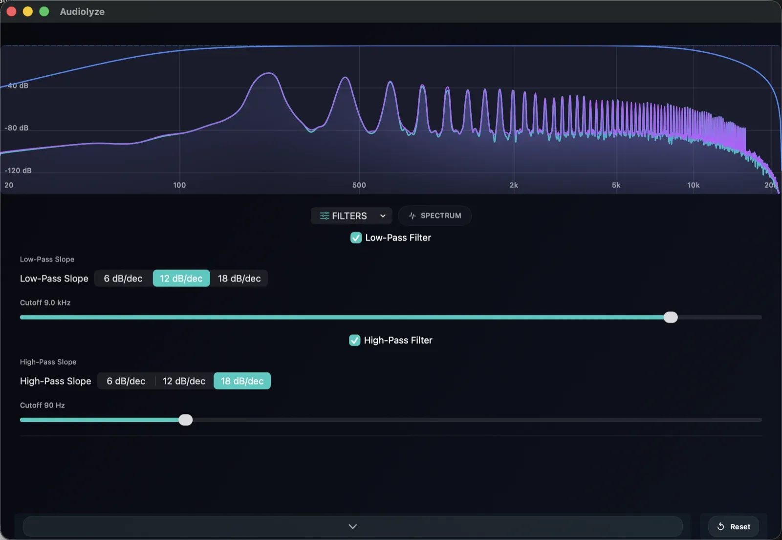 Audiolyze filters panel with high-pass and low-pass toggles, slope selectors, and cutoff sliders, with the filter response overlaid on the spectrum.