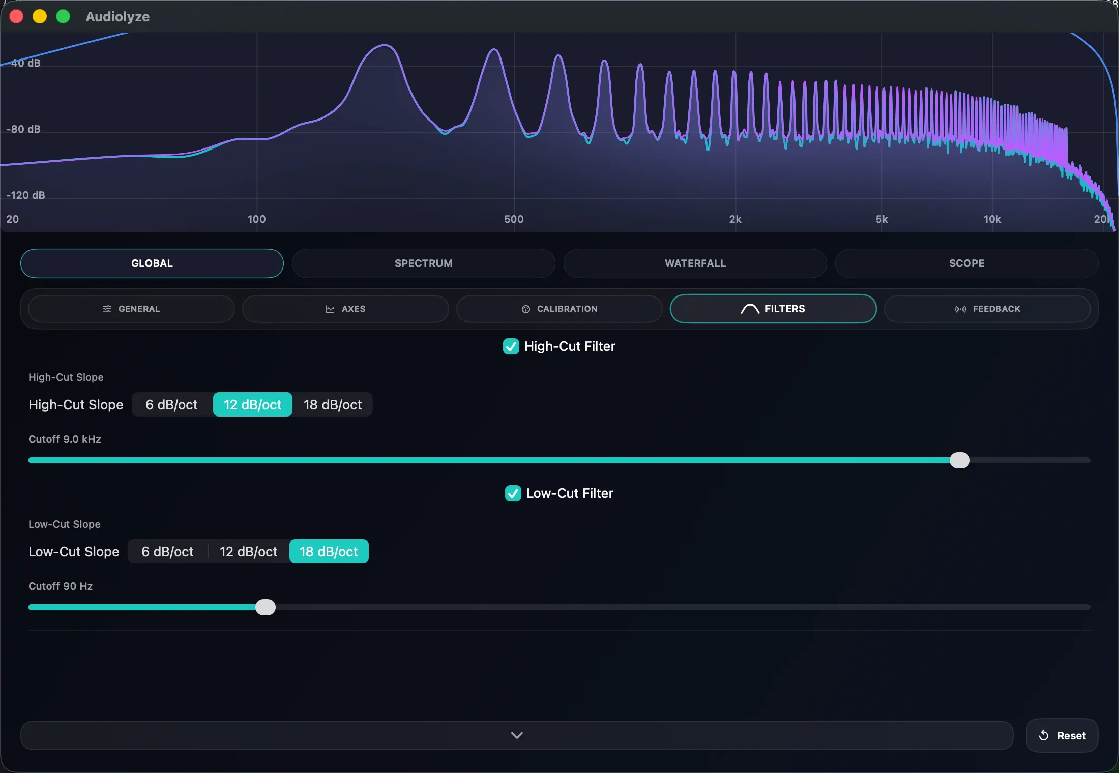 Audiolyze filters panel with high-pass and low-pass toggles, slope selectors, and cutoff sliders, with the filter response overlaid on the spectrum.