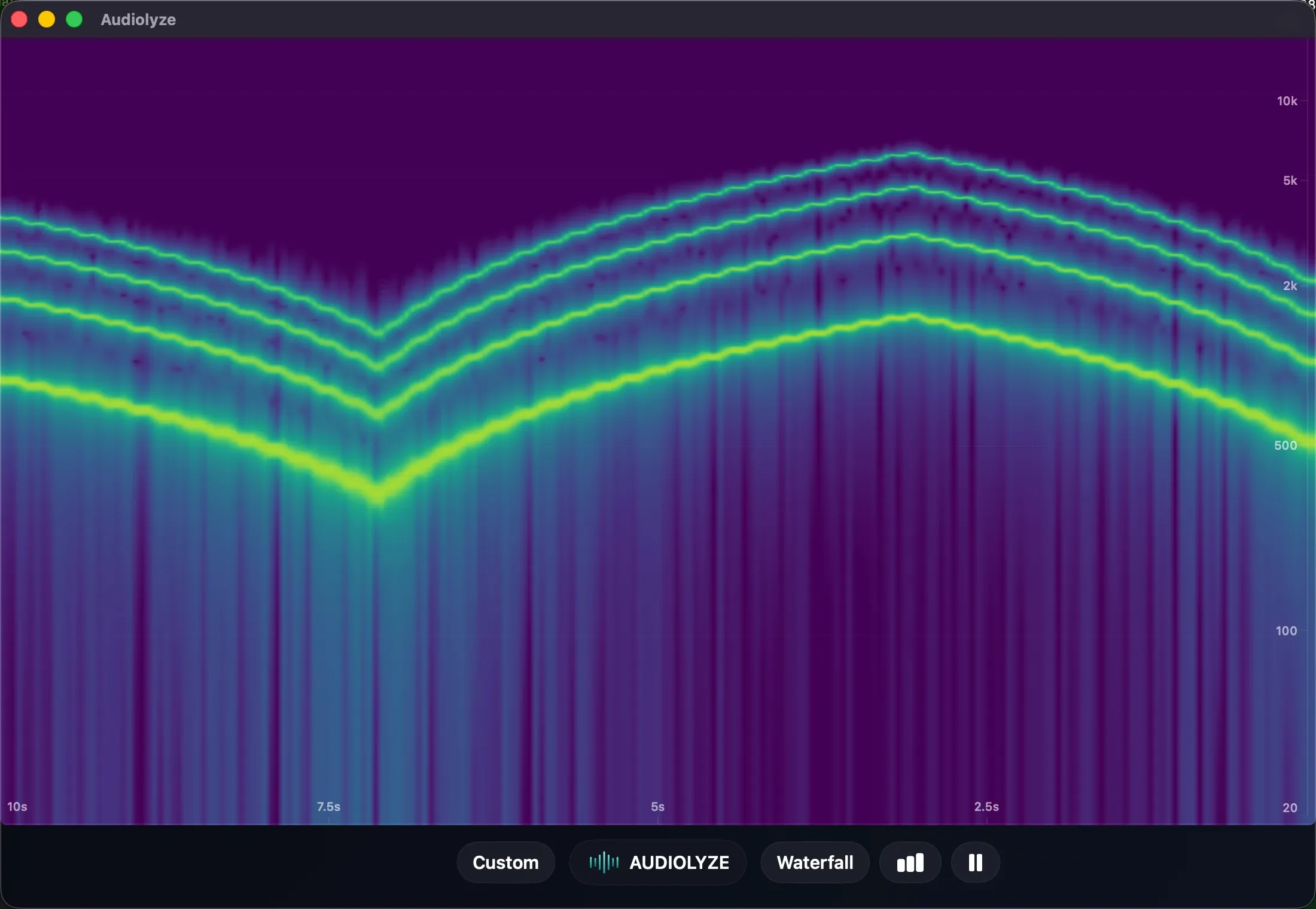 Audiolyze running natively on macOS, showing the waterfall spectrogram in a desktop window
