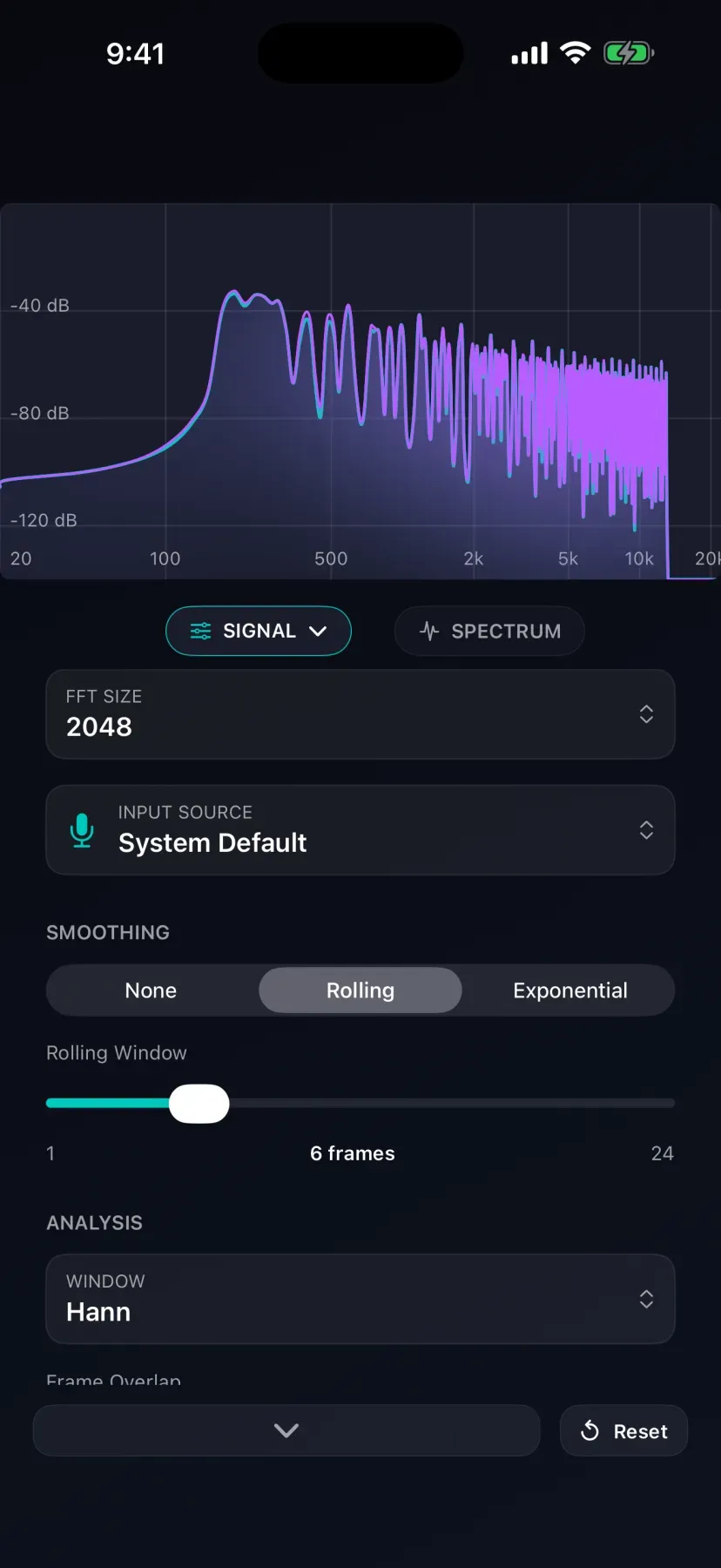 Audiolyze control panel showing FFT size, input source, smoothing, and window function settings