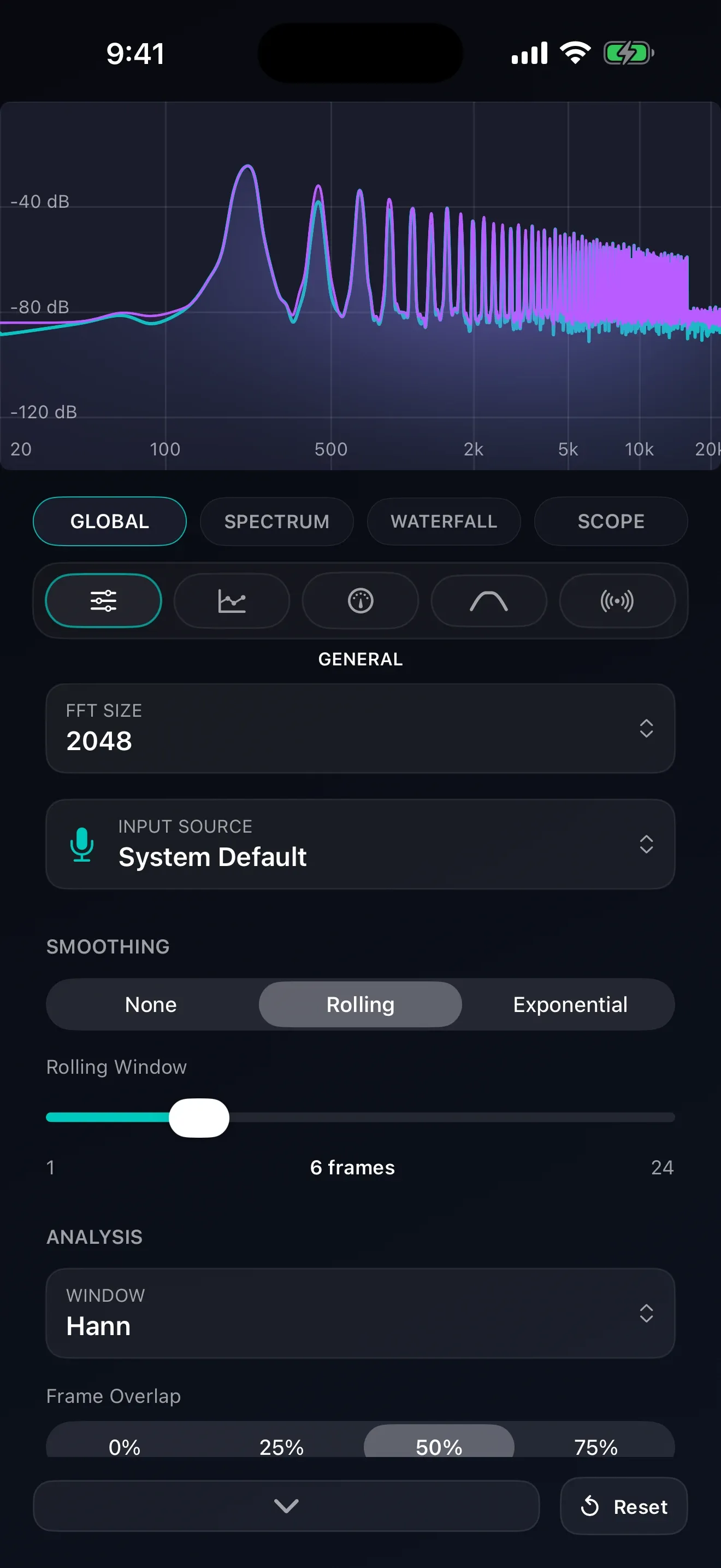 Audiolyze control panel showing FFT size, input source, smoothing, and window function settings